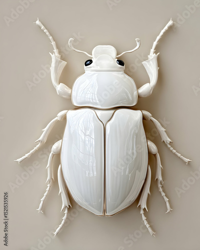 A unique, artistic depiction of a white beetle against a neutral background, showcasing intricate details and design.