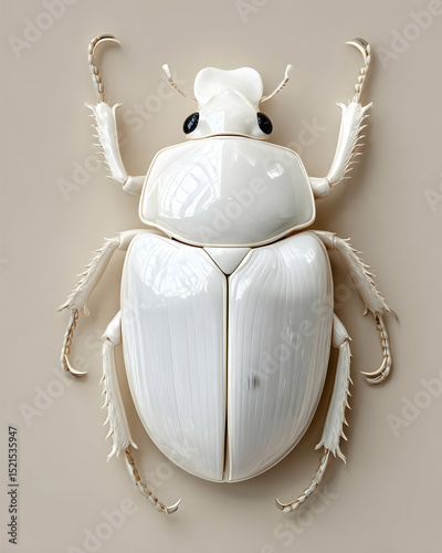 A detailed close-up of an elegant white beetle, showcasing its unique shape and intricate features.