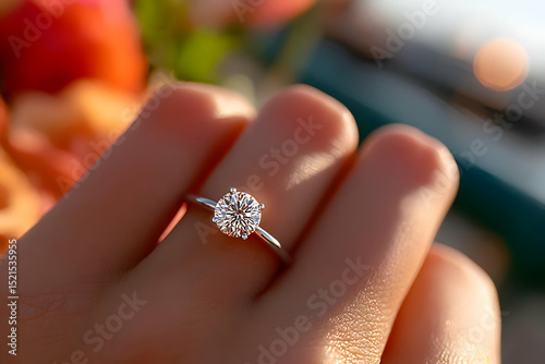 A close-up of a hand wearing a sparkling diamond ring, symbolizing love and commitment in a beautiful setting.