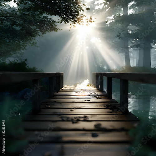 A serene wooden bridge leads across a misty lake, illuminated softly by sunbeams filtering through dense trees.