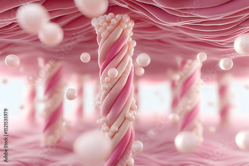 A surreal representation of cellular structures featuring pink spirals and floating particles for scientific exploration.