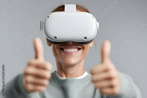 Excited woman enjoying virtual reality experience with thumbs up gesture, showcasing innovation and fun.