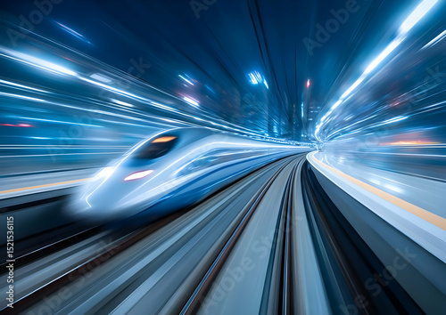 A high-speed train races through a futuristic landscape, showcasing motion and innovation under vibrant lights.