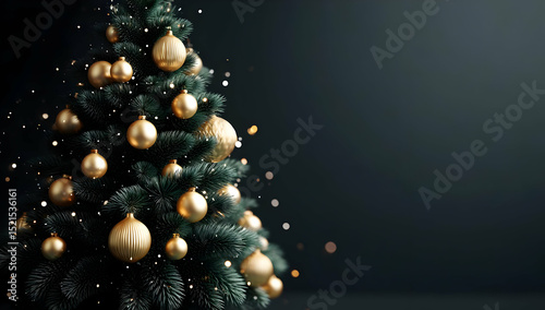 Elegant Christmas tree adorned with gold ornaments, capturing the festive spirit and holiday magic in a dark setting.