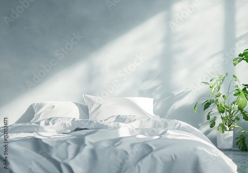 A white duvet and pillows on the bed in a bedroom interior mockup, front view. Modern home decor with comfortable furniture and a pastel blue headboard of soft fabric, with natural light from the wind
