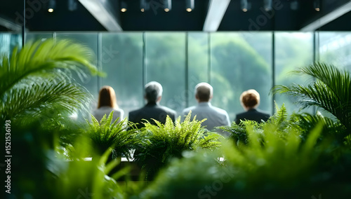 Four professionals engaged in a discussion, surrounded by lush greenery in a modern office environment.