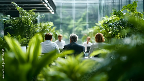 A group of professionals engaged in a meeting amidst lush greenery, symbolizing harmony between nature and industry.