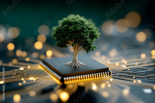 A vibrant tree grows on a computer chip, symbolizing the fusion of nature and technology in the modern world.
