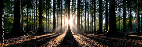 A serene forest scene with sunlight streaming through tall trees, creating beautiful rays and shadows on the ground.