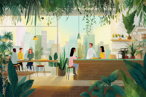 Artistic Illustration of Sustainable Green Workspaces Promoting Eco-Friendly Practices photo