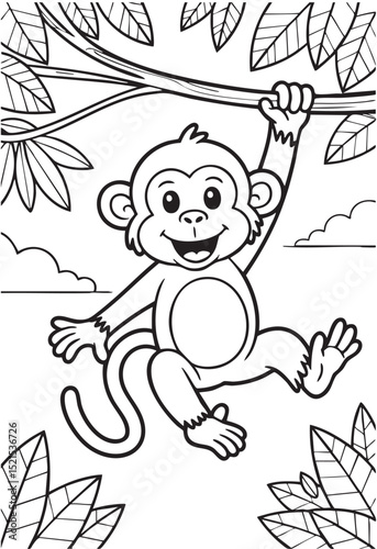 Adorable monkey hanging from jungle tree branch coloring page