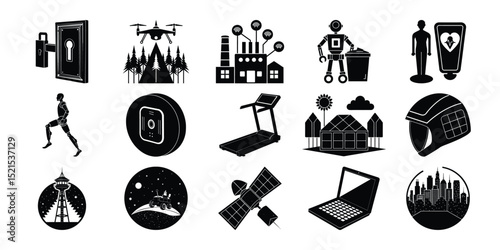 Collection of Technology and Futuristic Icons Smart Home, Robotics, Space Exploration, and More