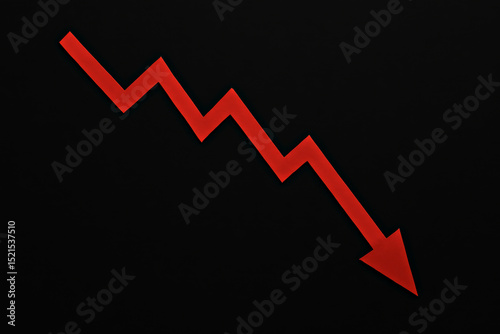 Minimalist red arrow going down diagonally on black background, representing economic decline, stock crash or business loss. Great for finance or crisis-related content. Red arrow on black background