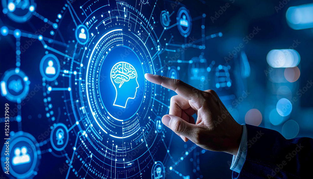 Artificial Intelligence and Neural Network Technology – Businessman Touching Brain Icon on Digital Interface Artificial Intelligence and Neural Network Technology – Businessman Touching Brain Icon on Digital Interface
