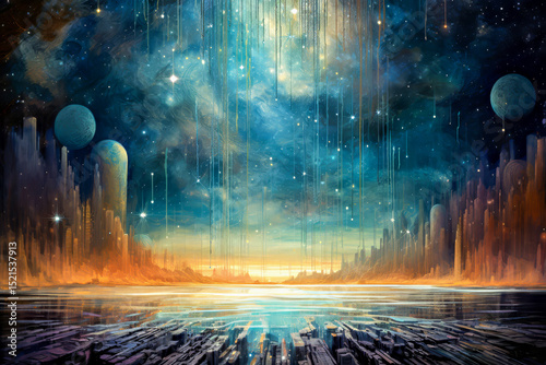 Futuristic alien landscape with glowing planets, tall abstract city structures and ethereal star-filled sky reflected in calm waters. Ideal for sci-fi or space travel. Futuristic city under starry sky