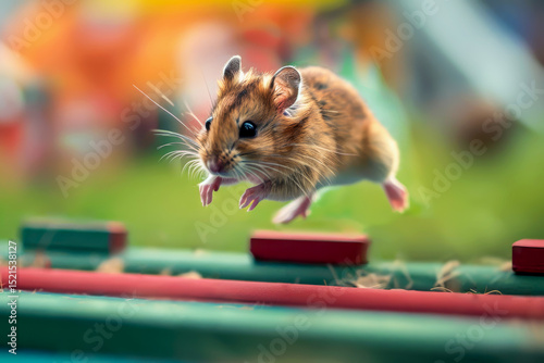 Adorable hamster leaping over mini hurdles on green track in sports setting with colorful blurred background. Brave little hamster jumps over colorful obstacles during tiny animal race