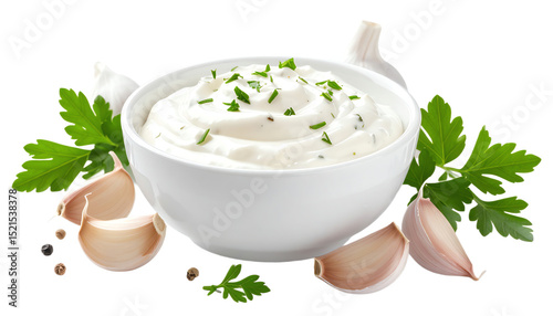 Creamy garlic sauce topped with fresh herbs in a white bowl, accompanied by garlic cloves and parsley