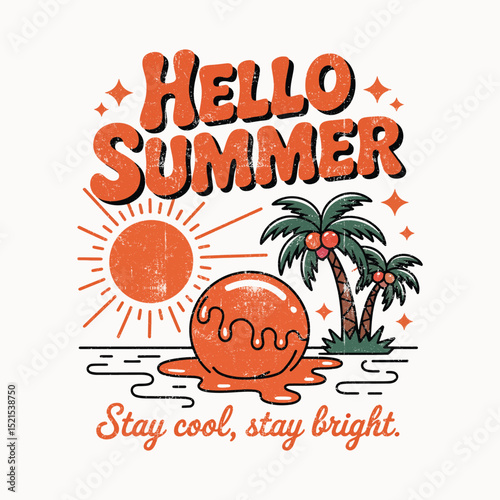 Retro Monochrome Orange Cartoon Summer T-Shirt Design Featuring Stylized Sun, Melting Ice Cream, Palm Trees, and Abstract Heat Waves