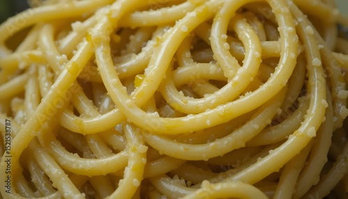 Macro of cooked pasta texture, close-up of al dente spaghetti with olive oil coating.

