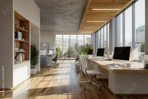 Modern Office Interior with Open Workspace and Sleek Design for Professional Environments photo