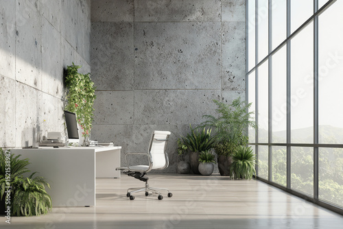 Modern Office Interior with Sleek Design and Expansive Windows for a Professional Workspace Atmosphere photo