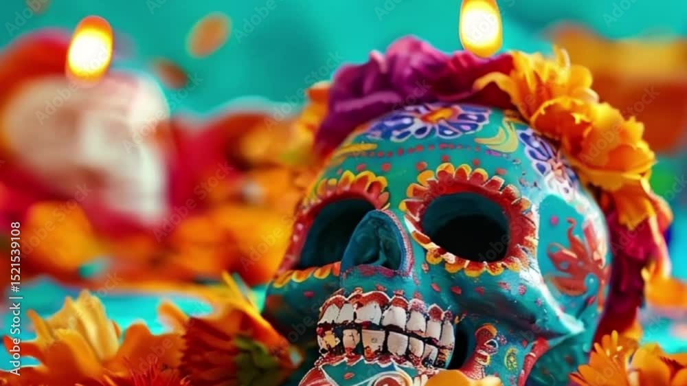 Holiday composition for happy celebrate dia de muertos, abstract vivid composition consists of fictional unreal fantastic vision on background