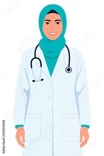 Confident Female Muslim Doctor in Medical Coat and Stethoscope Smiling for Professional Healthcare Role