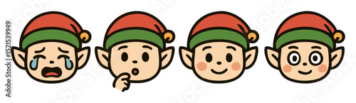 Kawaii Christmas Elf Face Emotes – Crying, Thinking, Happy and Dizzy Cute Holiday Expressions – Vector Sticker Pack
