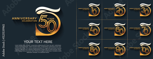 Anniversary logo type set with double line number. golden color for celebration event
