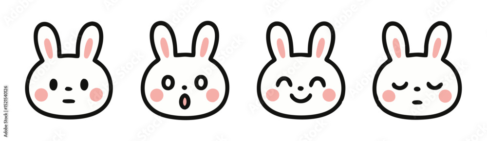 Obraz premium Kawaii Bunny Face Sticker Set – Neutral, Surprised, Smiling and Sleeping Rabbit Emotes – Vector Illustration 
