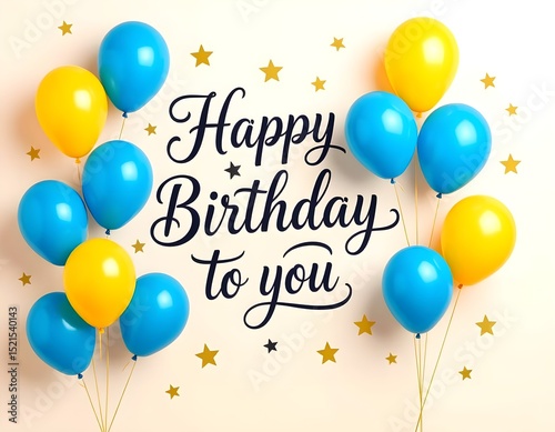 Elegant birthday greeting card, blue and yellow helium balloons floating on a light pink background, festive stars.