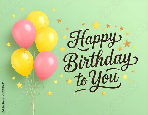 Elegant birthday greeting card, pink and yellow helium balloons floating on a light green background, festive stars.