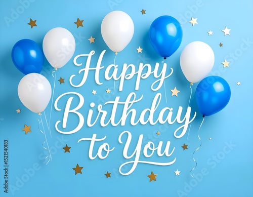 Elegant birthday greeting card, blue and white helium balloons floating on a light blue background, festive stars.