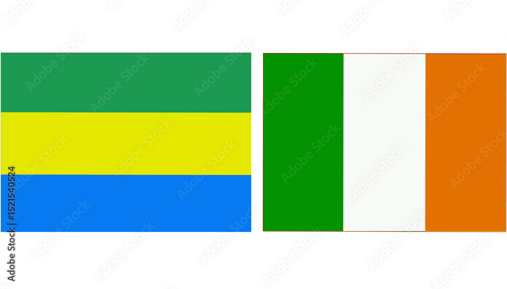 Fototapeta premium Gabon Official flag with Ireland national flag, both countries flags in Horizontal shape and isolated on white background Rectangular colorful design Flag with together.