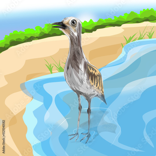 illustration of Peruvian thick-knee bird in a puddle with natural background (Hesperos Burhinus superciliaris)