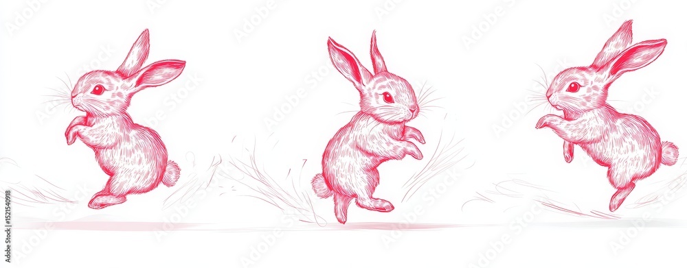 Obraz premium The 2023 Chinese New Year is symbolized by lunar oriental rabbits, depicted in a modern illustration featuring a linear bunny silhouette in red, as part of a set of icons