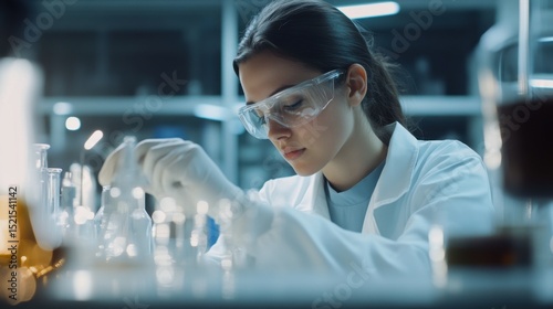 Female scientist wearing goggles and gloves conducts precise chemical research in a modern laboratory surrounded by beakers and sterile equipment.