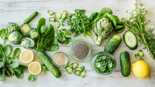 Fresh leafy greens, cucumbers, spinach, lemon, and seeds arranged on rustic table showcase healthy plant-based ingredients and vegan nutrition.