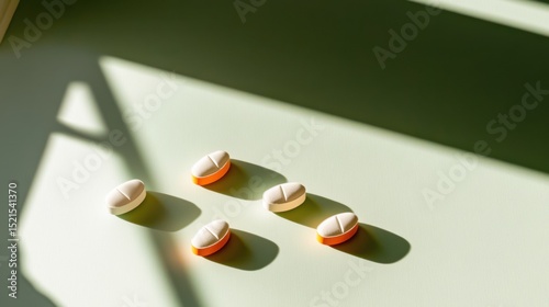 Minimalist composition of five orange and white tablets on sunlit surface highlights modern pharmaceutical wellness and healthcare essentials.