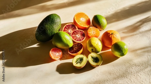 Colorful mix of sliced passionfruit, kiwi, blood orange, and avocado on soft background showcases juicy tropical freshness and natural flavor.