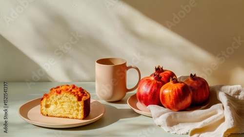 Soft morning light highlights golden sponge cake, ceramic mug, and ripe pomegranates on pale surface for cozy homemade breakfast simplicity.