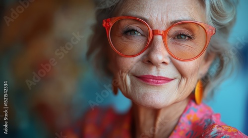 Radiant Wisdom: An elegant senior woman with captivating eyes and vibrant spectacles smiles warmly, embodying the essence of timeless grace.
