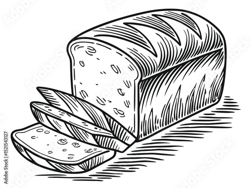 Artisanal Bread: A detailed, hand-drawn illustration showcases a loaf of freshly baked, artisanal bread, complete with sliced pieces, ready to enjoy.