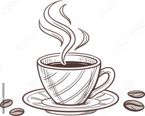 Aromatic Coffee Cup Sketch: Artistic illustration showcasing a detailed line drawing of a steaming coffee cup, evoking warmth and morning bliss.