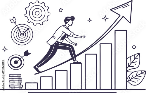 Stepping Towards Success: A determined individual ascends a rising graph, representing growth and ambition, while symbolic targets and gears depict the path to achievement and strategic progress.