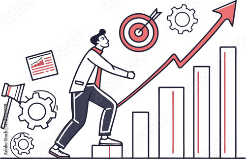 Reaching New Heights: A determined individual ascends a graph of upward progress, with focused vision, embodying ambition, drive, and unwavering perseverance in pursuit of success.