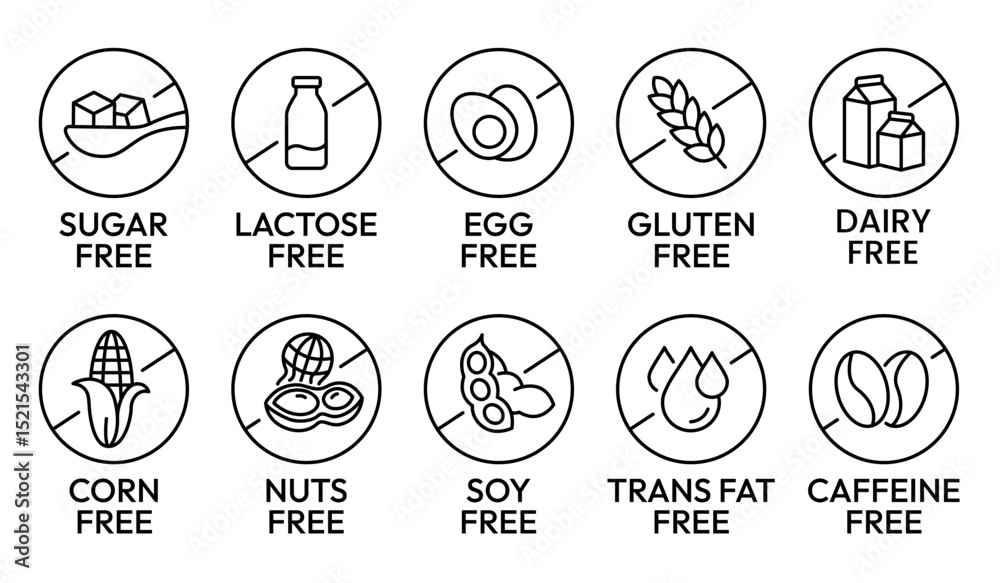 Set allergen free icons. Allergen free label products. Free lactose, gluten, sugar, corn, egg, trans fat, dairy, soy, nuts, caffeine, symbol, logo, badge, black, vector, isolated on white background. Set allergen free icons. Allergen free label products. Free lactose, gluten, sugar, corn, egg, trans fat, dairy, soy, nuts, caffeine, symbol, logo, badge, black, vector, isolated on white background.