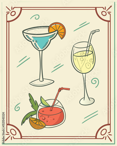 Delightful Drink Menu Graphic featuring vibrant cocktails in a stylish retro frame, perfect for restaurant menus, bar designs, and beverage branding