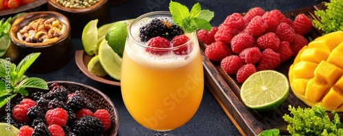 A refreshing fruit drink garnished with berries and mint, surrounded by fresh limes, raspberries, mango, and assorted fruits.