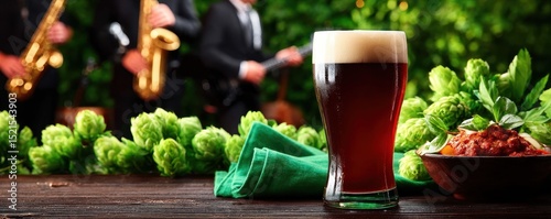 A glass of dark beer on a rustic table with hops, food, and musicians playing saxophones in the lush green background.